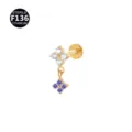 Piercing labret in titanio F136 con ciondolo a fiore doppio in zircone cubico. - 1.2x6mm Filetto M0.9 / Oro Due Fiori Viola (Strass)