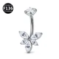 Piercing de Ombligo de Titanio con Circonitas Diseño de Flor Joyería Corporal - 1.6x10mm / Plateado Estilo 6 (Flor Mariposa)