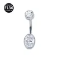 Titanium belly button ring with round and oval cubic zirconia stones, body piercing jewelry. - 1.6x10mm / Oval Silver White