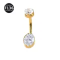 F136 titanium belly button ring navel piercing with cubic zirconia, gold body jewelry. - 1.6x10mm / Oval Gold White