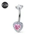 Piercing Ombligo Titanio F136 Corazón Rosa Circonita Joya Cuerpo Vientre Moda - 1.6x10mm / Rosa Plateado Estilo 1 (Forma de Corazón)