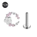 F136 titanium labret stud with pink white zirconia moon flower piercing jewelry item - Flower Basket Silver Pink