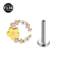 F136 titanium body piercing jewelry featuring a flower and crescent moon zircon design. - Flower Basket Gold Pink