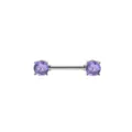 Detailed view of 1.6x14mm external thread nipple ring with purple cubic zirconia stones. - 1.6x14mm / Purple