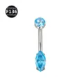 Piercing para ombligo de titanio con circonita azul en corte marquesa y redondo. - 1.6x10mm / Marquesa plata-azul mar