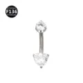Piercing para ombligo de titanio con piedras de circonita cubica redondas y triangulares. - 1.6x10mm / Triángulo plata-blanco
