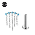 F136 Titan Piercing Schmuck Blaue Zirkonia Quaste Labret Stecker Innengewinde Knorpel - Kette Silber & Aquamarin