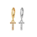 Stainless steel letter T charm hoop earrings set with cubic zirconia in gold and silver finish. - Style T