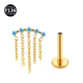F136 Titan Körperpiercing Schmuck mit blauen Zirkonia Quasten Labret Stecker Design. - Kette Gold & Aquamarin