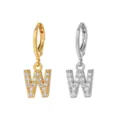 Gold and Silver Letter W Rhinestone Hoop Earrings Stainless Steel Piercing Jewelry - Style W