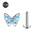 Titan Schmetterling Labret Piercing mit blauen Zirkonia Steinen, Gewinde Körperschmuck. - Schmetterling Silber & Aquamarin