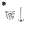 Titanium Katzenohr Labret Piercing Schmuck Stecker mit funkelndem Zirkonia Stein. - Katzenkopf-Stil (Ohne Schnurrbart) / 1,2 x 6 mm Stab / M0,9-Gewinde / Weißer Zirkonia