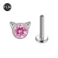 F136 Titan Katzenohren Labret Piercing Stecker mit rosa Zirkon für Körperschmuck Mode - Katzenkopf-Stil (Ohne Schnurrbart) / 1,2 x 6 mm Stab / M0,9-Gewinde / Rosa Zirkonia