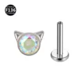 F136 Titan Katzenohr Labret Piercing Schmuck mit irisierendem Kristallstein Zubehör - Katzenkopf-Stil (M1770) / 1,2 x 6 mm Stab / M0,9-Gewinde / Bunte Strasssteine