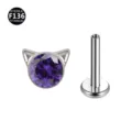Titanium Katzenohr Labret Piercing mit lila Zirkonia, steriler Körperschmuck. - Katzenkopf-Stil (Ohne Schnurrbart) / 1,2 x 6 mm Stab / M0,9-Gewinde / Violetter Zirkonia