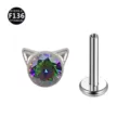 F136 Titan Katzenohr Labret Piercing bunter Zirkon Körperschmuck Lippenstecker Ring - Katzenkopf-Stil (Ohne Schnurrbart) / 1,2 x 6 mm Stab / M0,9-Gewinde / Bunter Zirkonia