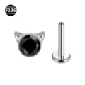 F136 Titan Katzenohr Labret Piercing Stecker mit schwarzem Stein für Körperschmuck - Katzenkopf-Stil (Ohne Schnurrbart) / 1,2 x 6 mm Stab / M0,9-Gewinde / Schwarzer Zirkonia