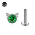 F136 Titan Gruen Zirkonia Katzenohr Labret Stecker Piercing Schmuckvariante Stueck - Katzenkopf-Stil (Ohne Schnurrbart) / 1,2 x 6 mm Stab / M0,9-Gewinde / Grüner Zirkonia