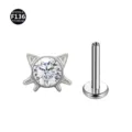 F136 Titan Katzenpfote Labret Piercing Stecker mit Zirkonia, silberner Körperschmuck - Katzenkopf-Stil (Mit Schnurrbart) / 1,2 x 6 mm Stab / M0,9-Gewinde / Weißer Zirkonia