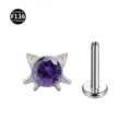 Titan Labret Stecker mit lila Zirkonia Katzenpfote Design, steriler Körperschmuck Artikel. - Katzenkopf-Stil (Mit Schnurrbart) / 1,2 x 6 mm Stab / M0,9-Gewinde / Violetter Zirkonia