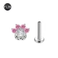 F136 Titan Süsse Katzenpfote Labret Piercing Stecker mit Rosa und Weissen Zirkonias - Herz-Katzenpfoten-Form / 1.2x6mm Stift / M0.9 Gewinde / Silber mit weissem und rosa Zirkonia