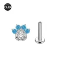 Titan niedlicher Pfoten Labret Stecker Piercing mit klarem Herz und blauen Zirkonia Steinen. - Herz-Katzenpfoten-Form / 1.2x6mm Stift / M0.9 Gewinde / Silber mit weissem und aquamarinblauem Zirkonia