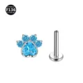 F136 Titan niedliches Pfoten Labret Piercing Schmuck mit hellblauen Zirkonia Steinen. - Herz-Katzenpfoten-Form / 1.2x6mm Stift / M0.9 Gewinde / Versilberter Meerblauer Zirkonia