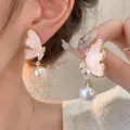 Pink crystal butterfly pearl earrings, elegant gold plated sweet style jewelry for women. - 3# Sterling Silver Post Golden & Pink Butterfly Earrings