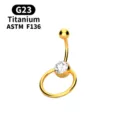 G23 titanium navel piercing ring with cubic zirconia crystal detail for body piercing fashion. - 1.6x11mm Bar / Gold
