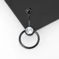 Close-up detail of a black titanium steel belly ring with clear crystal and captive ring design. - 1.6x11mm Bar / Black