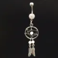 Silver stainless steel belly button ring with crystal dreamcatcher and feather dangling design. - 1.6*11*5mm / Silver White