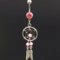 Chic dream catcher navel ring with pink crystal and feather dangle body piercing jewelry. - 1.6*11*5mm / Silver Pink