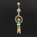 Gold dreamcatcher belly button ring navel piercing jewelry with blue beads and feathers. - 1.6*11*5mm / Gold Blue