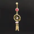 Gold tone navel piercing ring featuring pink rhinestone, dreamcatcher pendant and leaf charms. - 1.6*11*5mm / Gold Pink