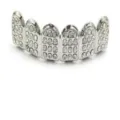 Detail shot of hip-hop silver tone grillz teeth, micro pave rhinestone dental grill decoration. - Upper / Silver
