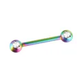 Rainbow Titanium Barbell Body Piercing Tongue Ring Nipple Jewelry with Clear CZ Crystal Stones - 1.6x16mm / Rainbow (White Rhinestone)