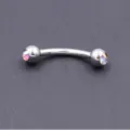 Stainless steel curved barbell eyebrow ring with iridescent rhinestones, detail view. - 1.2*8*3mm / AB White