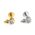 Edelstahl Labret Stecker Piercing mit Kristall und kleinen Kugeln in Gold und Silber, Ohr Schmuck. - NO 4 Strass und Drei Perlen Stil / 1.2*6mm / Silber