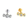 Edelstahl Labret Stecker mit Innengewinde und drei Zirkonia Kristallen für Körperpiercing. - NO 12 Drei Eingelegte Strass-Perlen-Cluster-Stil / 1.2*6mm / Silber