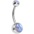 Close-up detail of the 316L stainless steel navel piercing with glowing purple opal stones. - 1.6*10*5*8mm / OP38 Purple