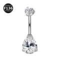 Piercing ombelico in titanio con zirconi rotondi e a pera scintillanti, gioiello 14g. - Barra da 1,6*8 mm / A forma di goccia / Argento Bianco