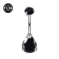 Piercing Ombelico Titanio 14G Goccia Zircone Nero Gioiello Corporeo Articolo - Barra 1,6*10 mm / Filettatura M1,2 / Stile Goccia d'Acqua / Asta Argento + Zirconia Nera