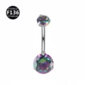 Piercing per ombelico in titanio con zircone arcobaleno, bilanciere curvo filettato 14G. - Barra 1,6*10 mm / Filettatura M1,2 / Tondo argento iridescente