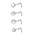 4er Set Zirkonia Nasenstecker in runder, Stern- und Herzform mit irisierendem Glanz. - 0.8mm x 7mm x 3mm / Schraubstift (Fünfzackiger Stern) / AB Regenbogen