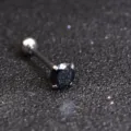 Stainless steel tongue ring body piercing jewelry with black round cubic zirconia stone. - 1.6*16*7mm / Black