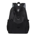 Casual black nylon backpack featuring D-ring webbing and round badge for daily travel. - Black Small