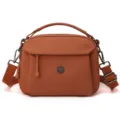 Brown casual nylon crossbody bag with multiple layers, top handle and adjustable shoulder strap. - Caramel color