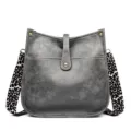 Grey womens messenger crossbody bag with stylish leopard print strap, casual everyday purse. - Gray