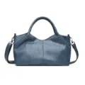 Stylish blue soft PU leather women's shoulder bag with dual top handles and casual slouchy design. - Blue
