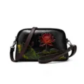 Vintage embossed lotus leather shoulder bag for women, ethnic style crossbody bag. - Black